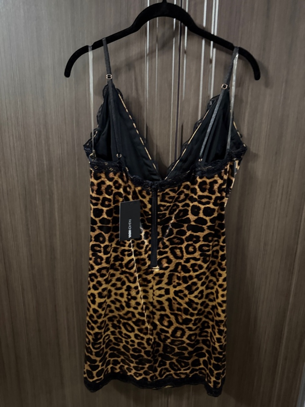 Fashion Nova Leopard Satin Lace Slip Dress - Black & Brown - Picture 3 of 6